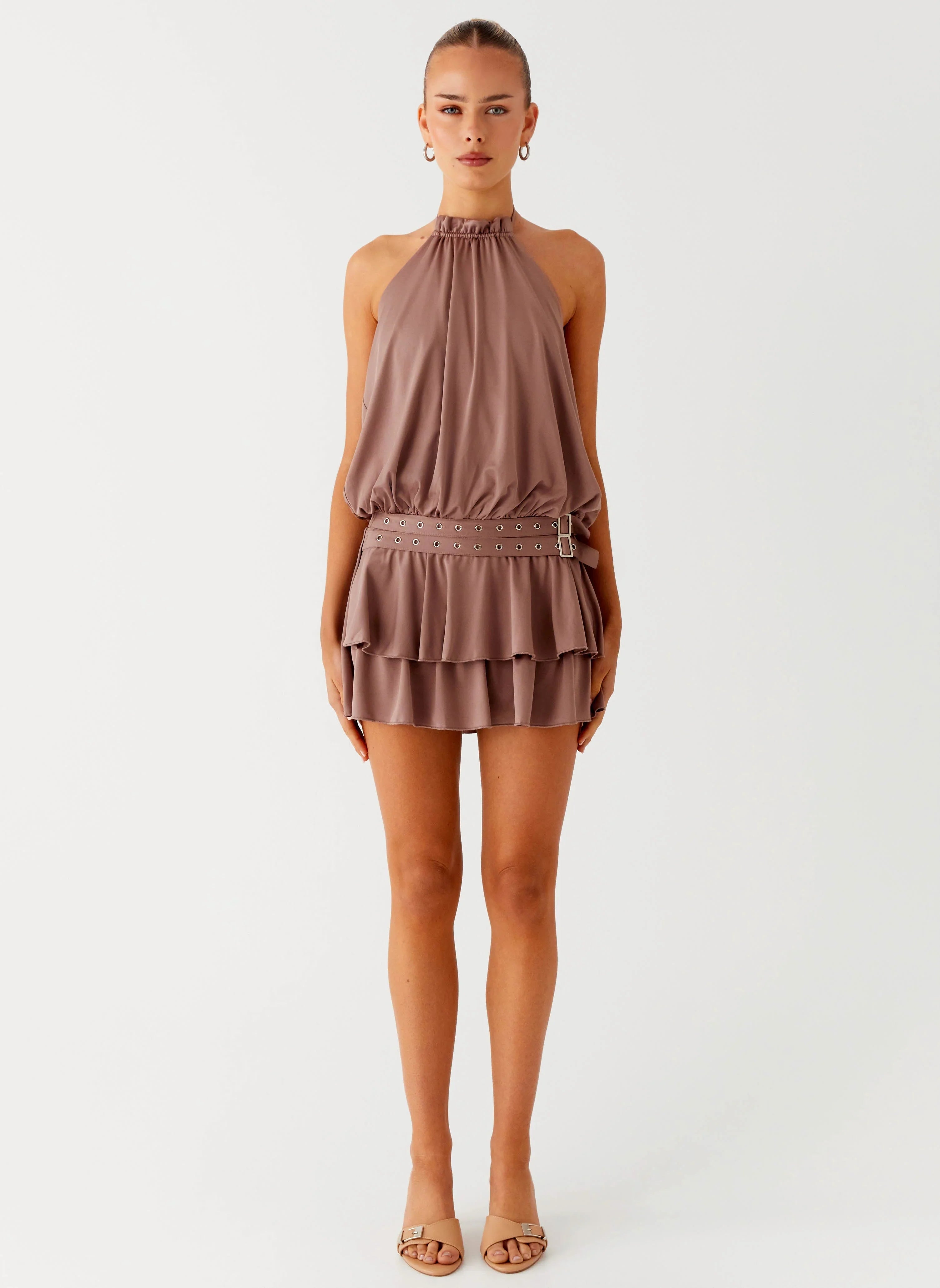 Dopamine Belt Mini Dress - Taupe