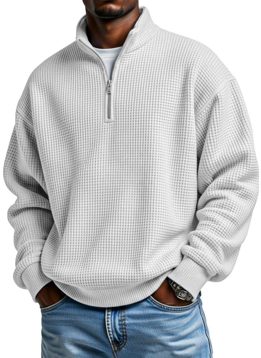 Men's Daily Loose And Simple Waffle Half-zip Stand Collar Long-sleeved Polo Shirt